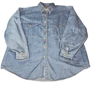 Vintage Christmas Women's sz Large/XL Denim Shirt Candy Cane Embroidery LS